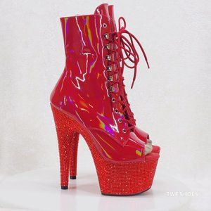 Bejeweled Red Hologram Patent Rhinestone Platform Stiletto Heel Ankle Boots Open